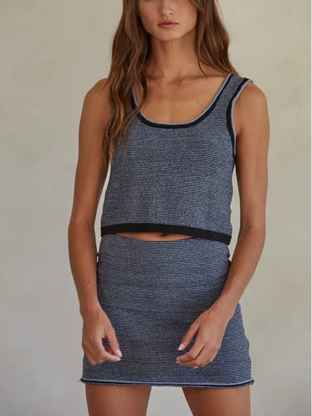 Striped Knit Sleeveless Crop Tank and Mini Skirt Set - Navy